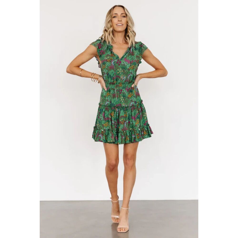 Baltic Born Rio Short Dress Green Floral Mini Ruffle Size L